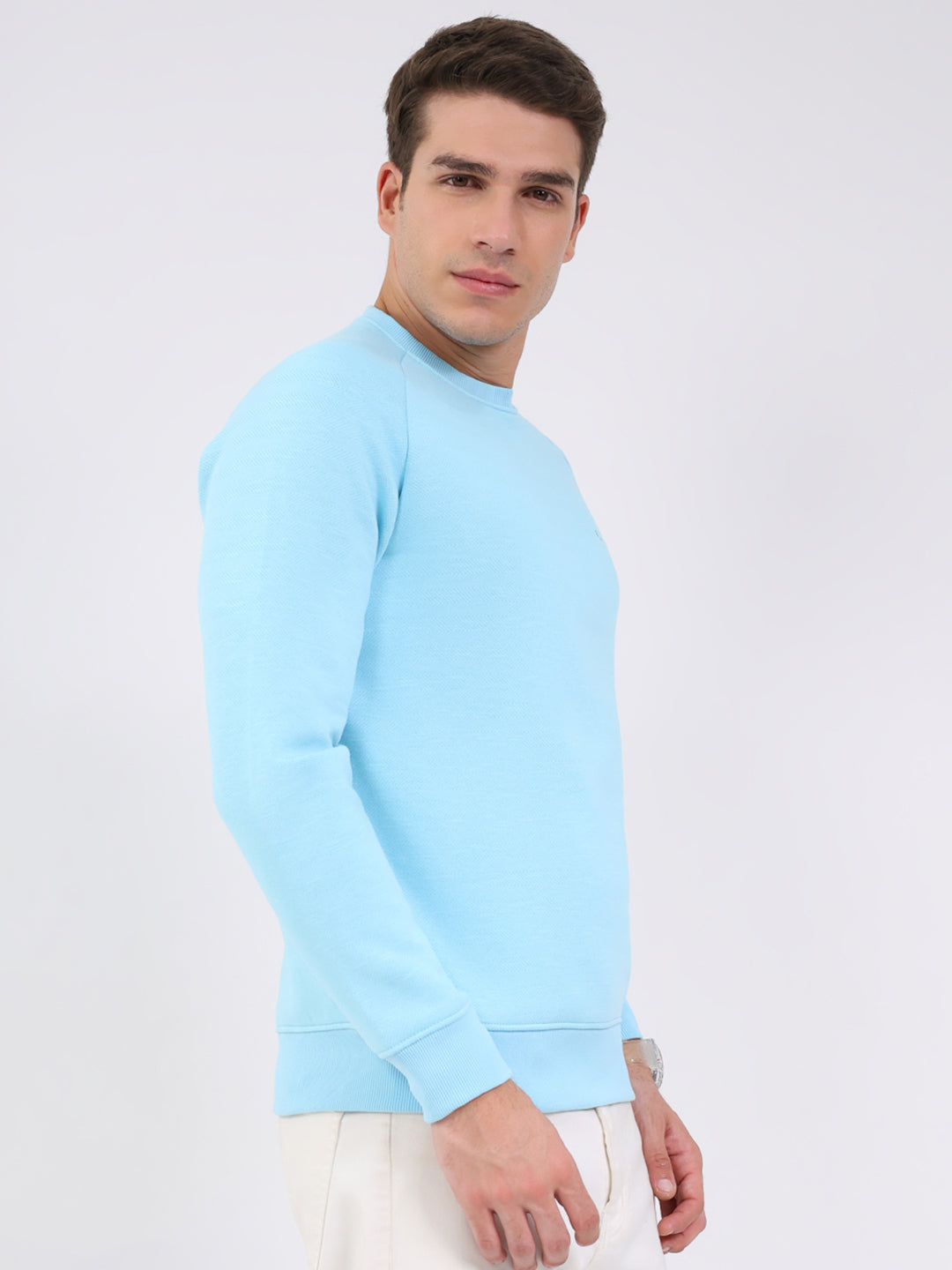 Luxuria Men Sky Blue Solid Round Neck Full Sleeve Sweatshirt