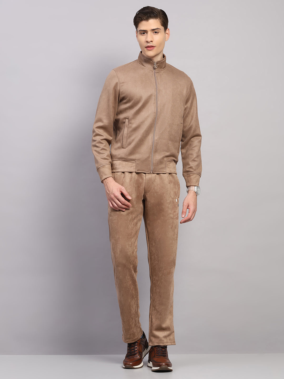 Luxuria Men Camel Brown Solid Collar Full Sleeve Winter Tracksuit