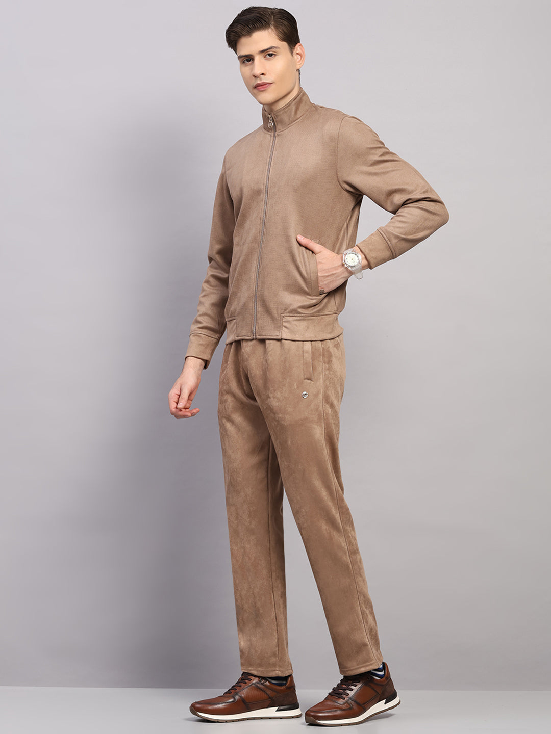 Luxuria Men Camel Brown Solid Collar Full Sleeve Winter Tracksuit