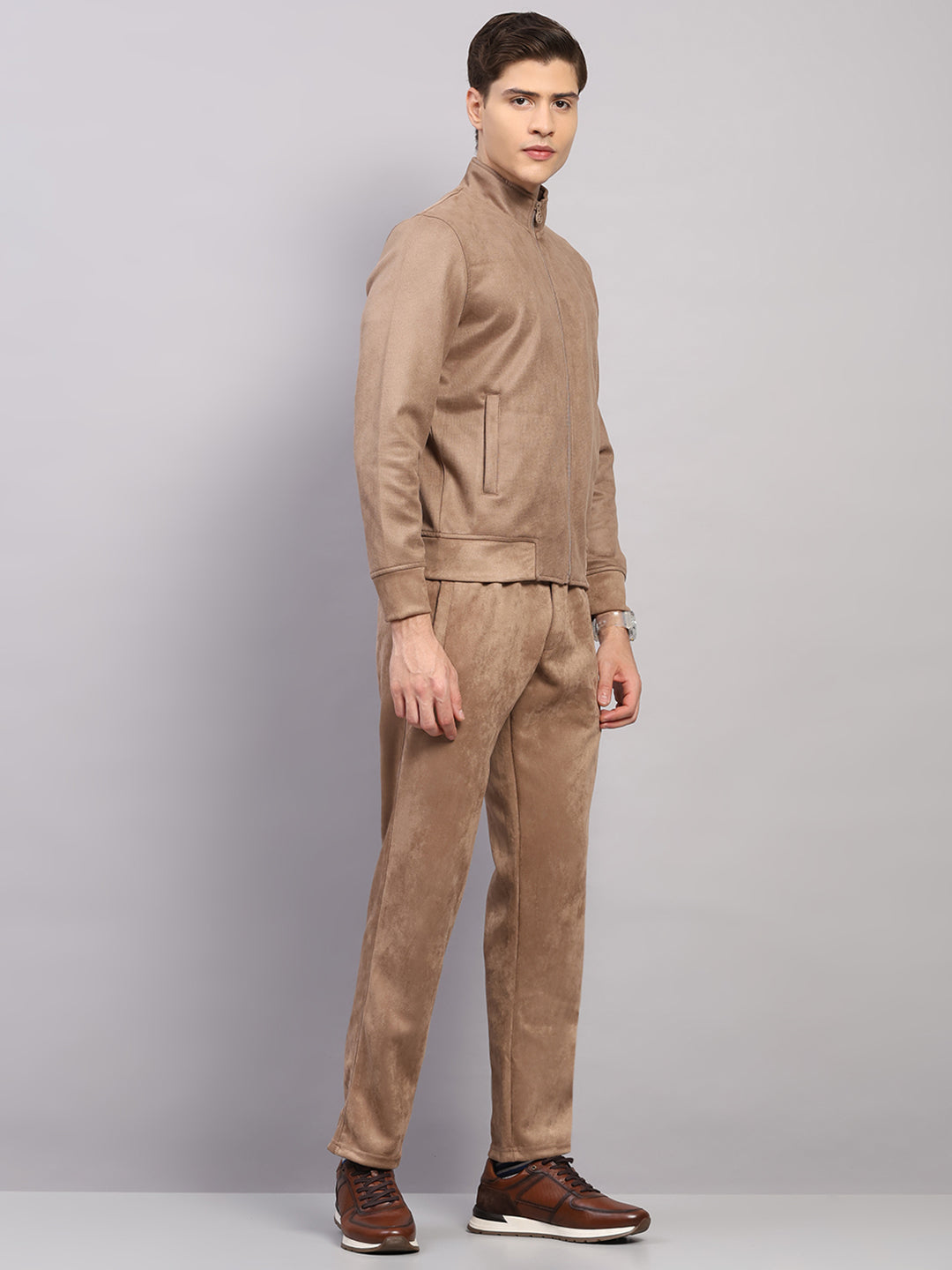 Luxuria Men Camel Brown Solid Collar Full Sleeve Winter Tracksuit