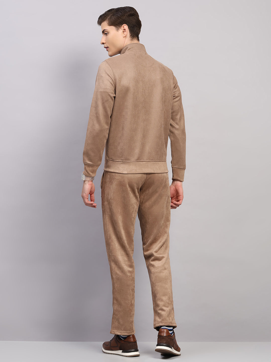 Luxuria Men Camel Brown Solid Collar Full Sleeve Winter Tracksuit