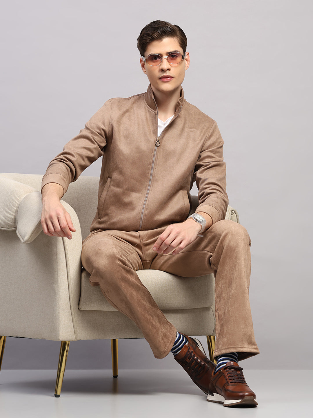 Luxuria Men Camel Brown Solid Collar Full Sleeve Winter Tracksuit