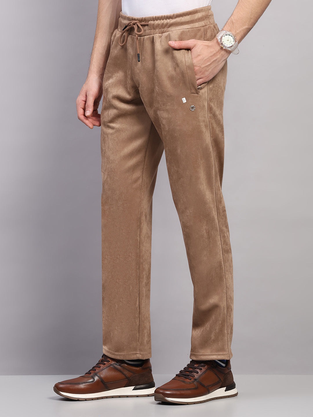 Luxuria Men Camel Brown Solid Collar Full Sleeve Winter Tracksuit