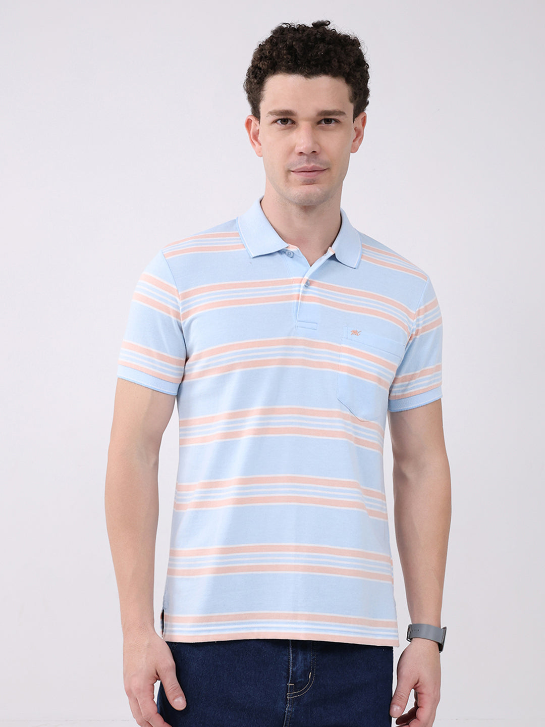 Men Sky Blue Stripe Collar Half Sleeve T-Shirt