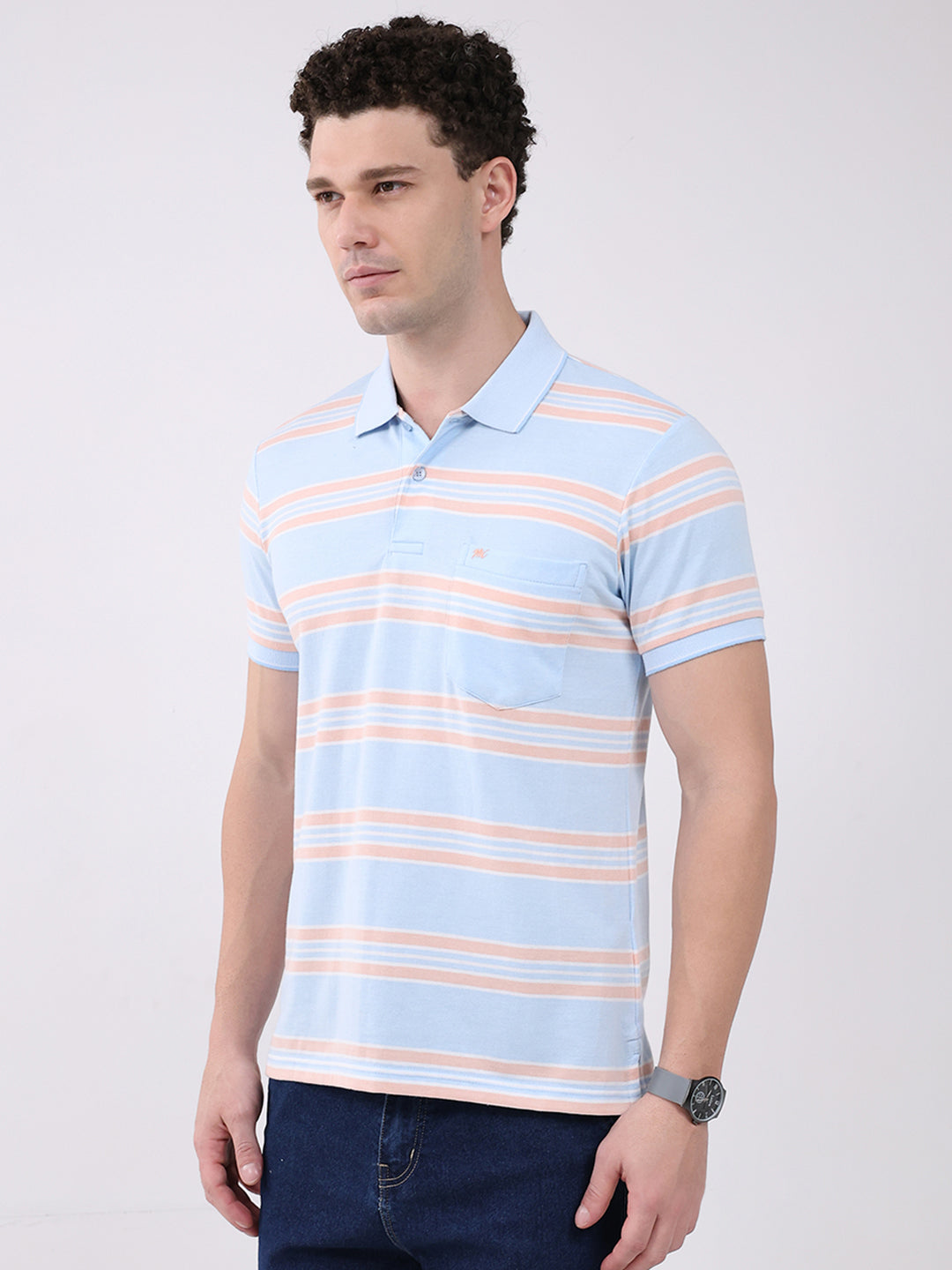Men Sky Blue Stripe Collar Half Sleeve T-Shirt