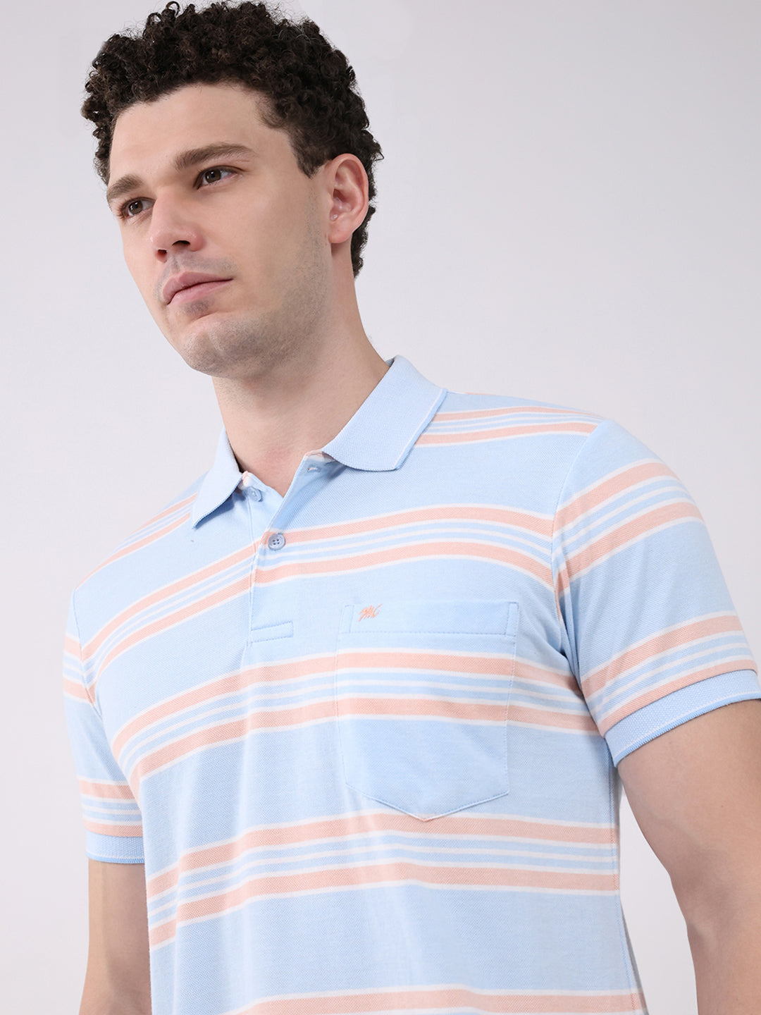Men Sky Blue Stripe Collar Half Sleeve T-Shirt