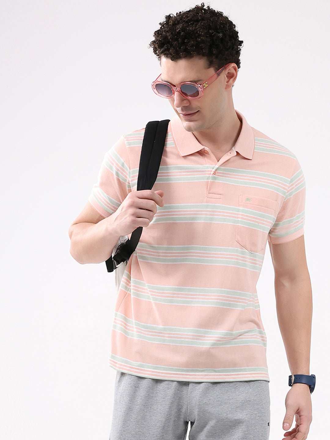 Men Peach Stripe Collar Half Sleeve T-Shirt