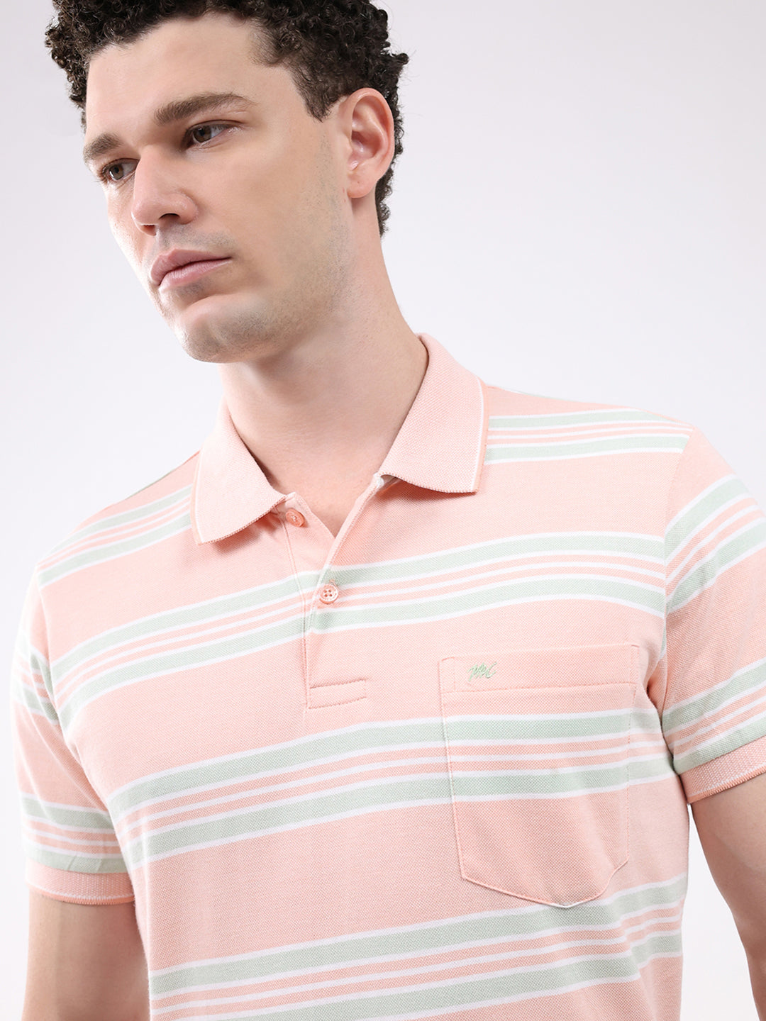 Men Peach Stripe Collar Half Sleeve T-Shirt