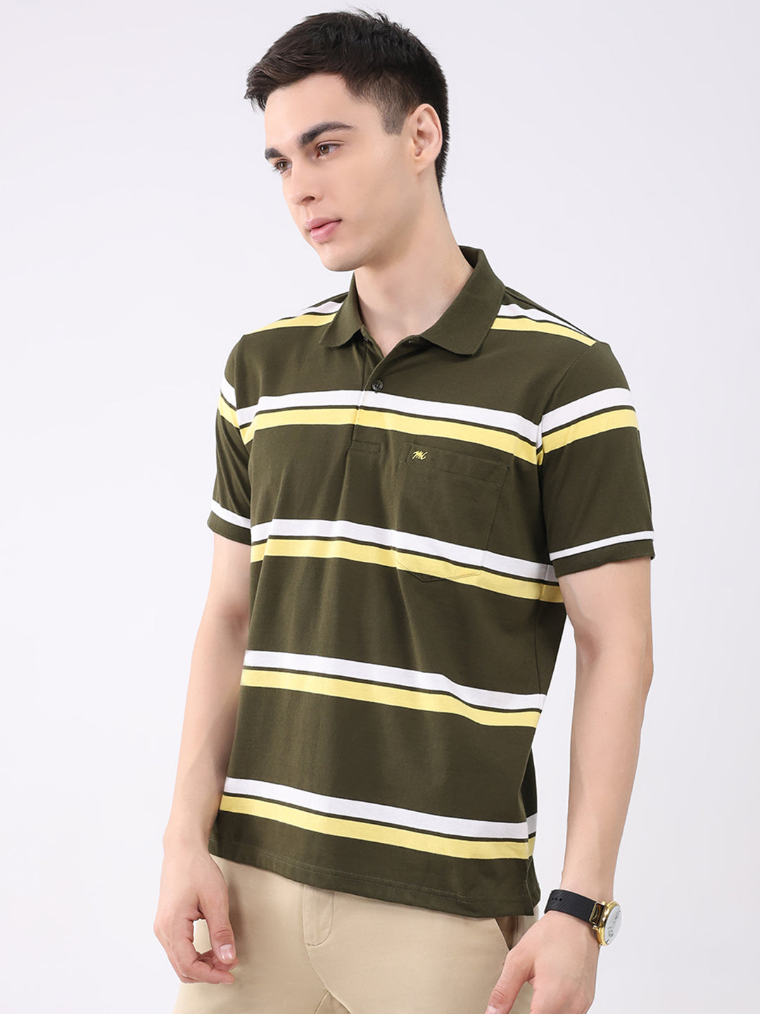 Men Olive Stripe Collar Half Sleeve T-Shirt