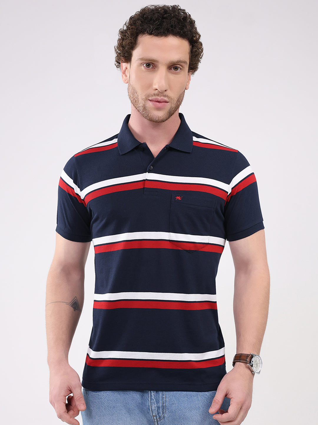 Men Navy Blue Stripe Collar Half Sleeve T-Shirt
