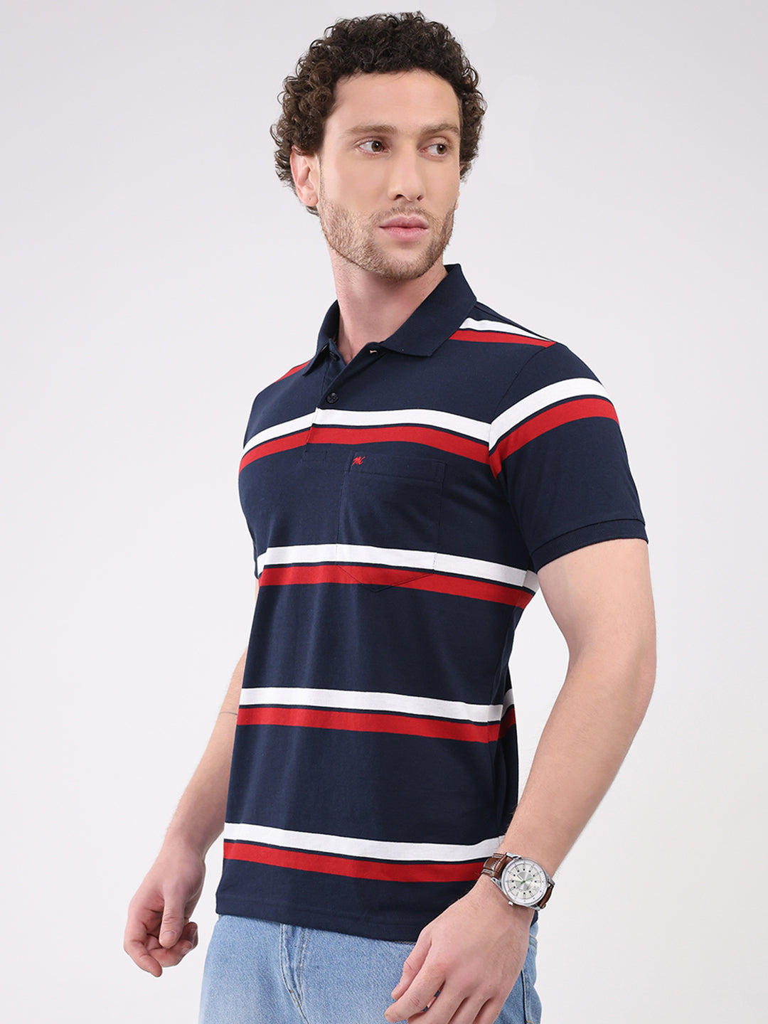 Men Navy Blue Stripe Collar Half Sleeve T-Shirt