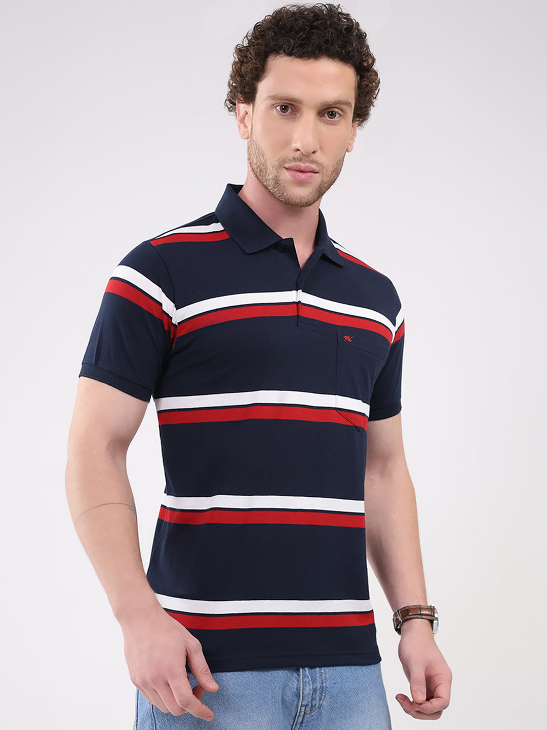 Men Navy Blue Stripe Collar Half Sleeve T-Shirt
