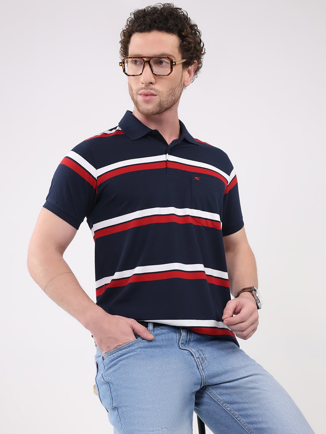 Men Navy Blue Stripe Collar Half Sleeve T-Shirt