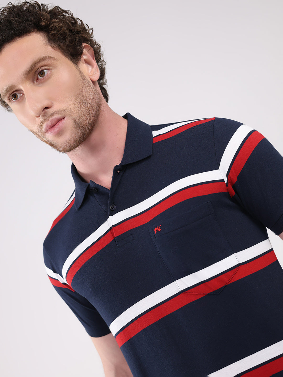 Men Navy Blue Stripe Collar Half Sleeve T-Shirt