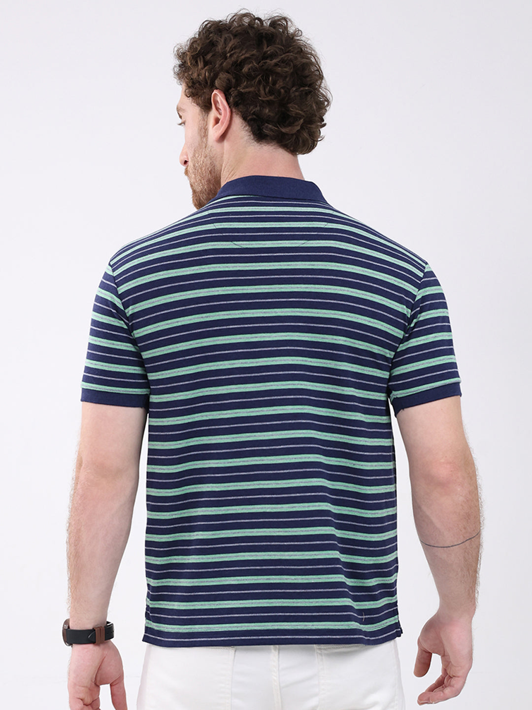 Men Navy Blue Stripe Collar Half Sleeve T-Shirt