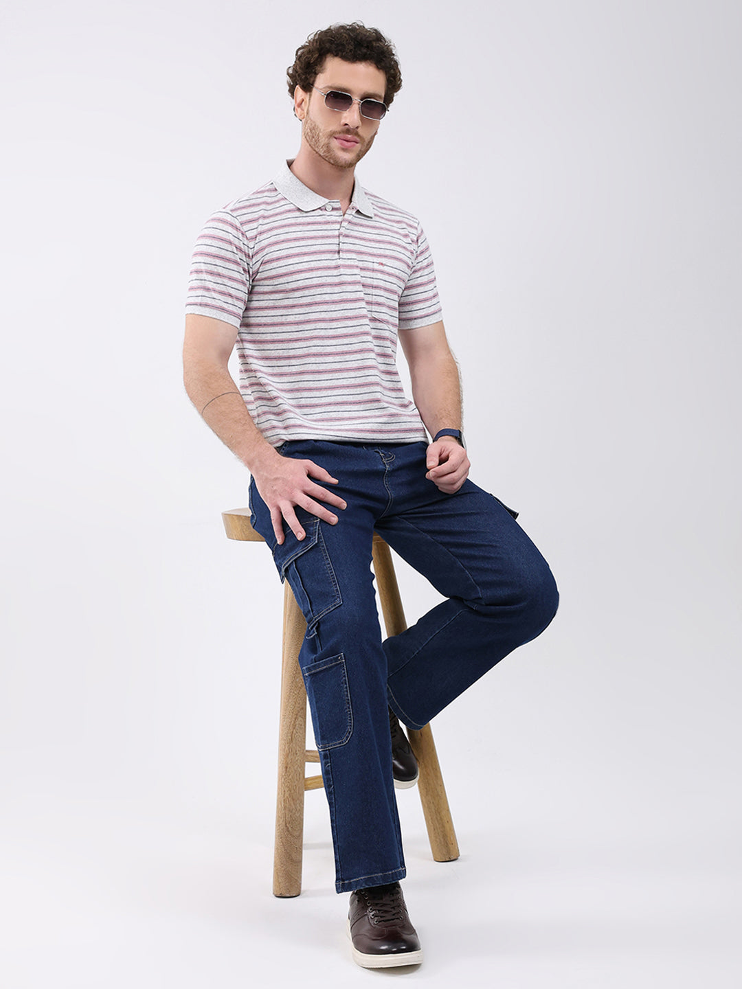 Men Grey Stripe Collar Half Sleeve T-Shirt