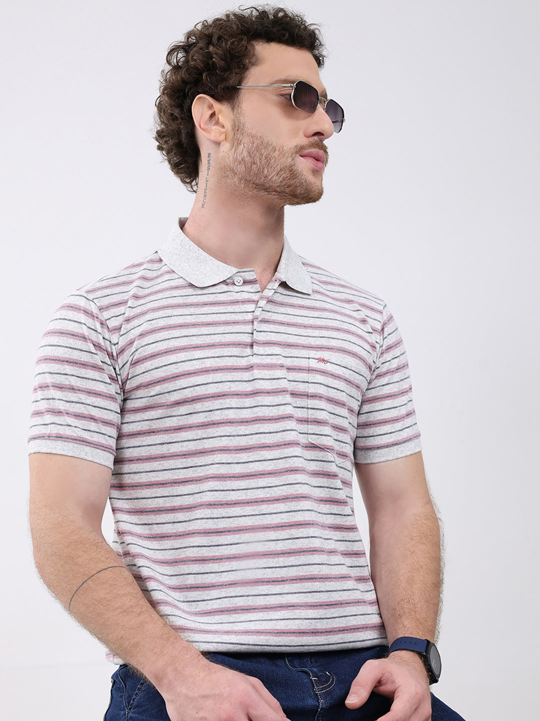 Men Grey Stripe Collar Half Sleeve T-Shirt