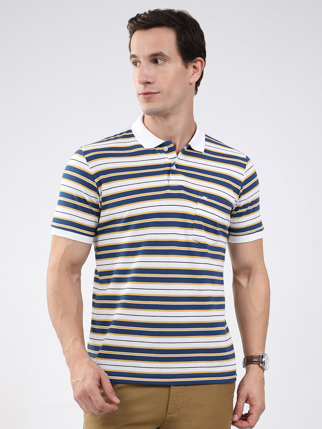 Men White & Blue Stripe Collar Half Sleeve T-Shirt