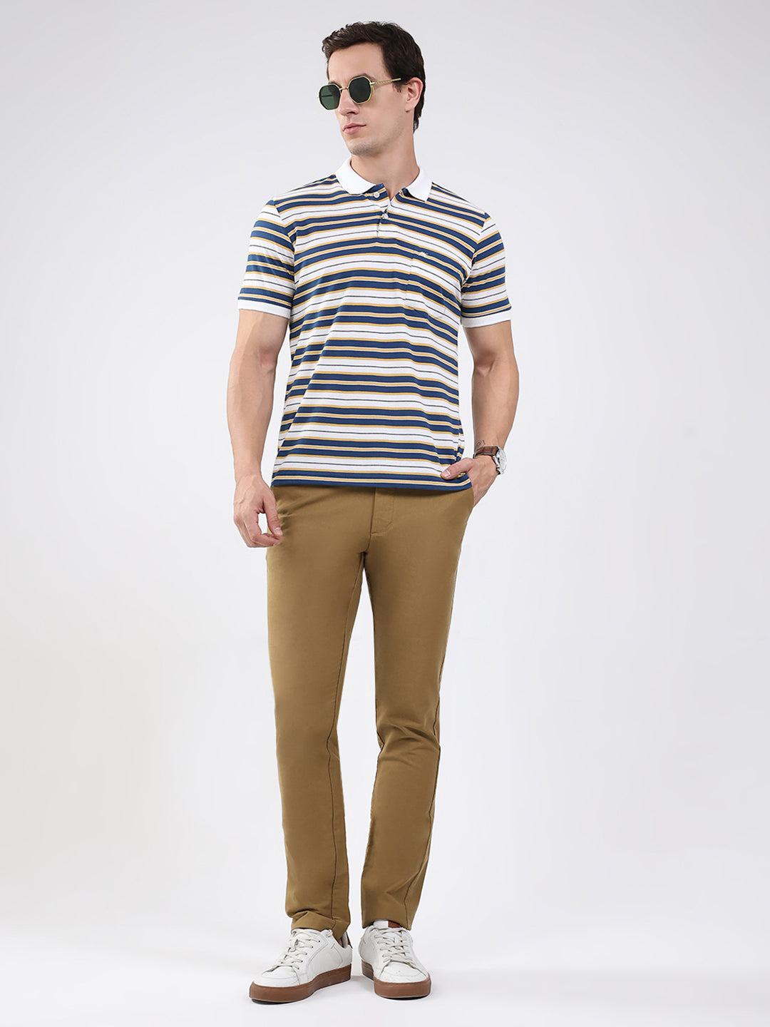 Men White & Blue Stripe Collar Half Sleeve T-Shirt