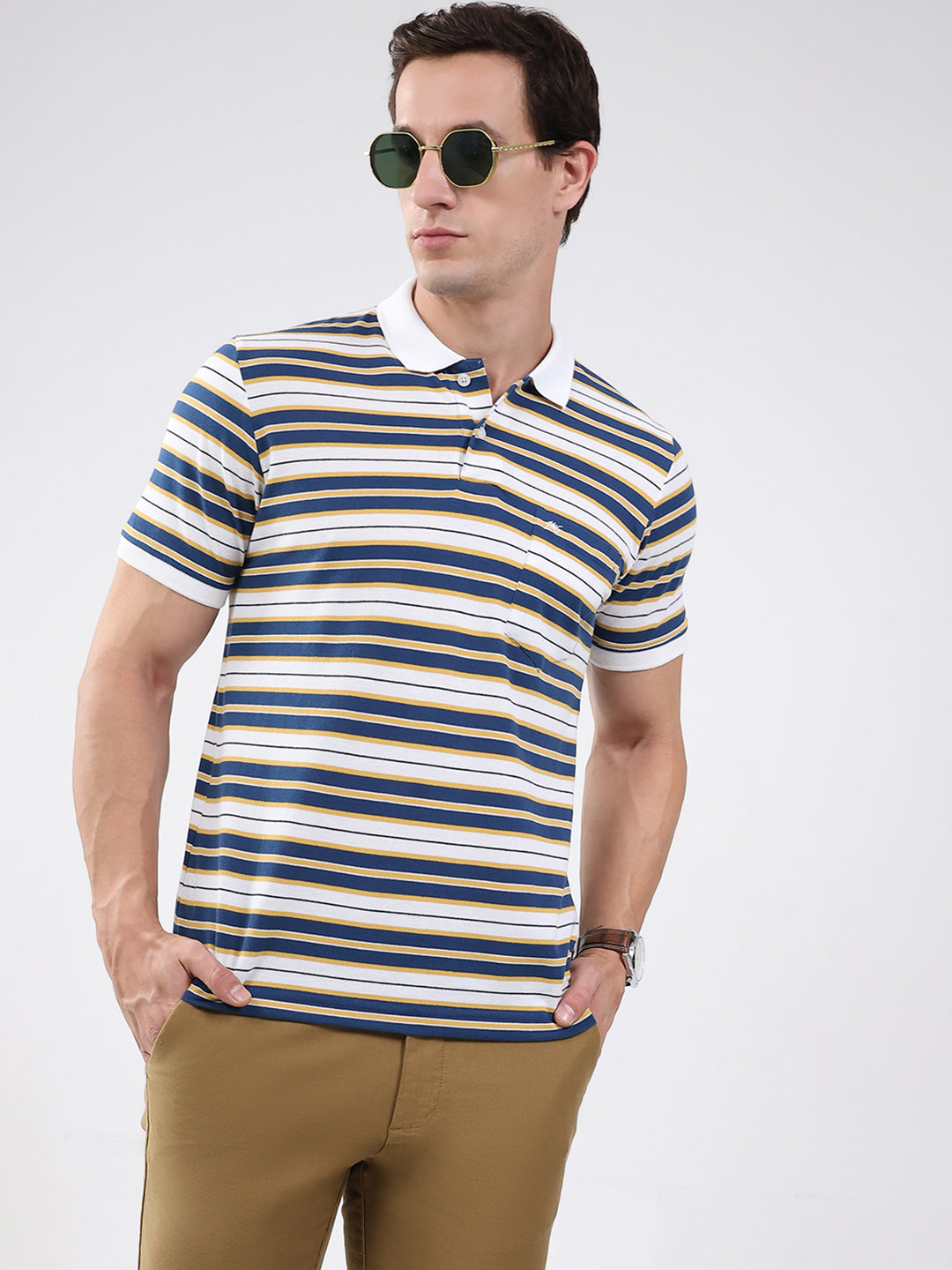 Men White & Blue Stripe Collar Half Sleeve T-Shirt