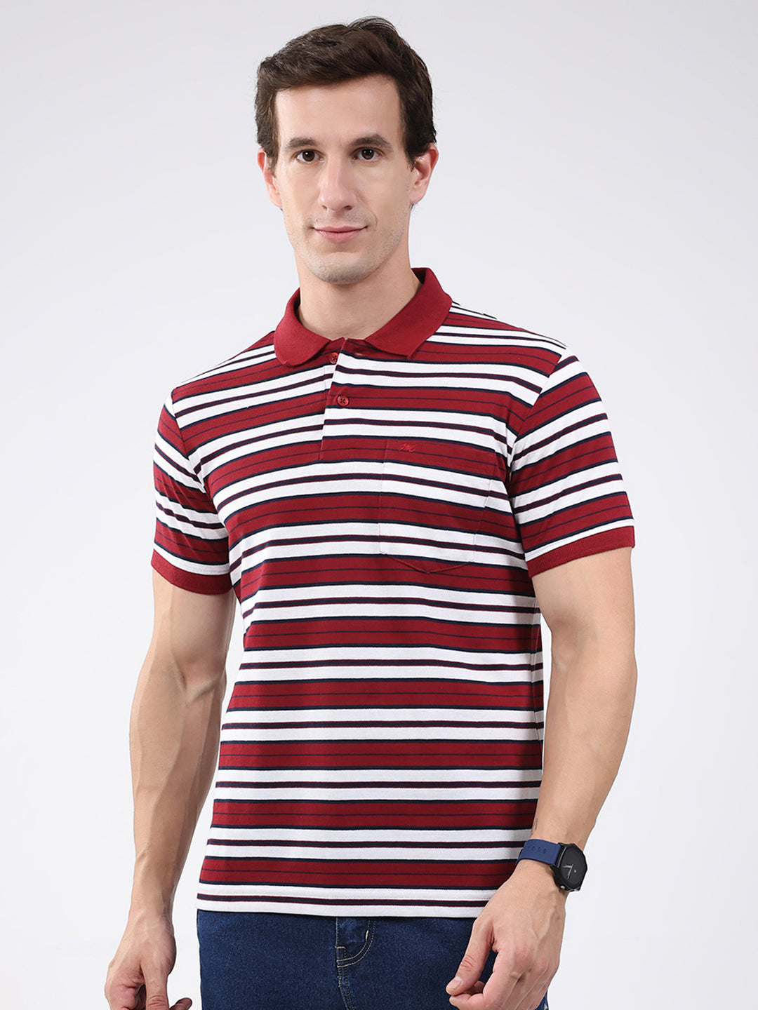 Men Maroon Stripe Collar Half Sleeve T-Shirt