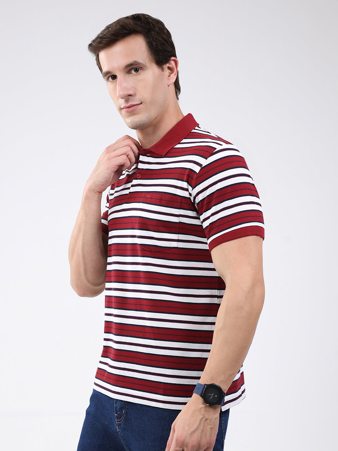 Men Maroon Stripe Collar Half Sleeve T-Shirt