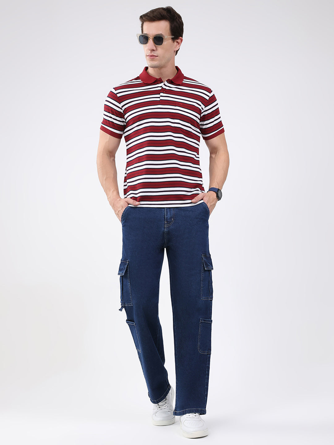 Men Maroon Stripe Collar Half Sleeve T-Shirt