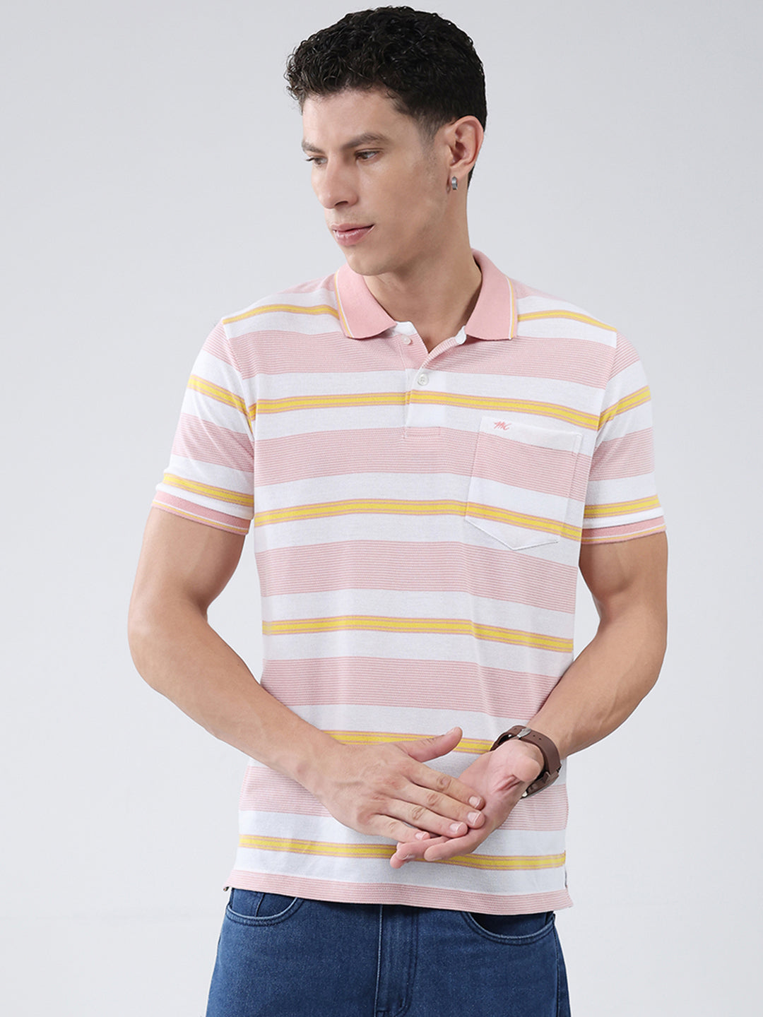 Men Pink Stripe Collar Half Sleeve T-Shirt