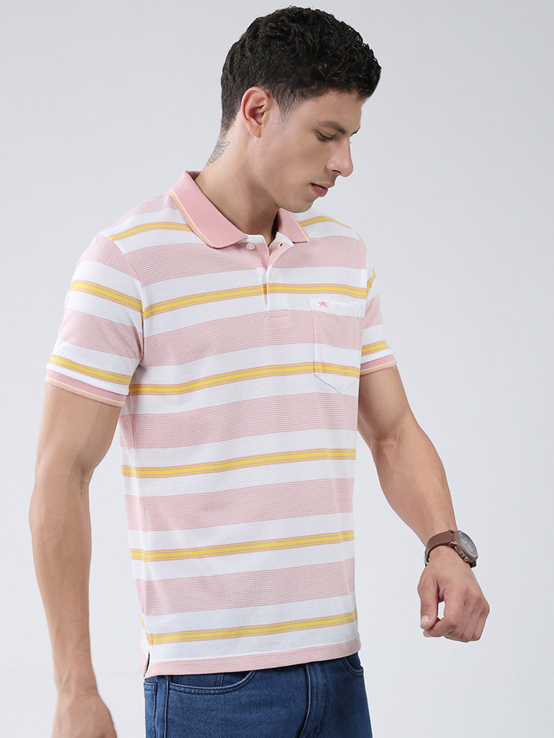 Men Pink Stripe Collar Half Sleeve T-Shirt