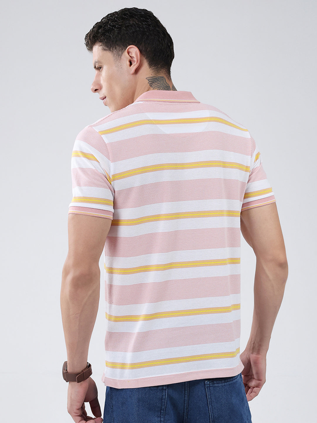 Men Pink Stripe Collar Half Sleeve T-Shirt