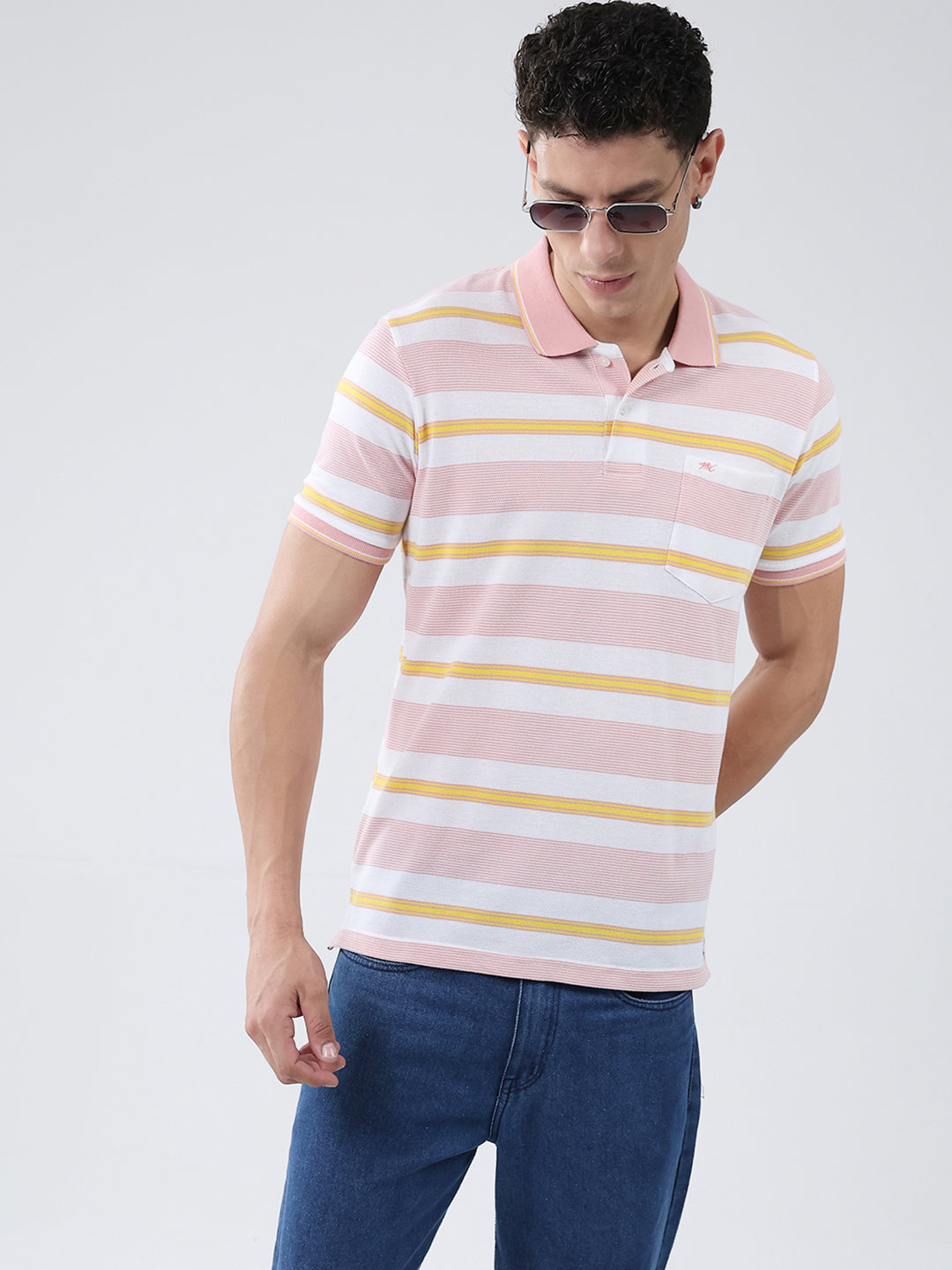 Men Pink Stripe Collar Half Sleeve T-Shirt
