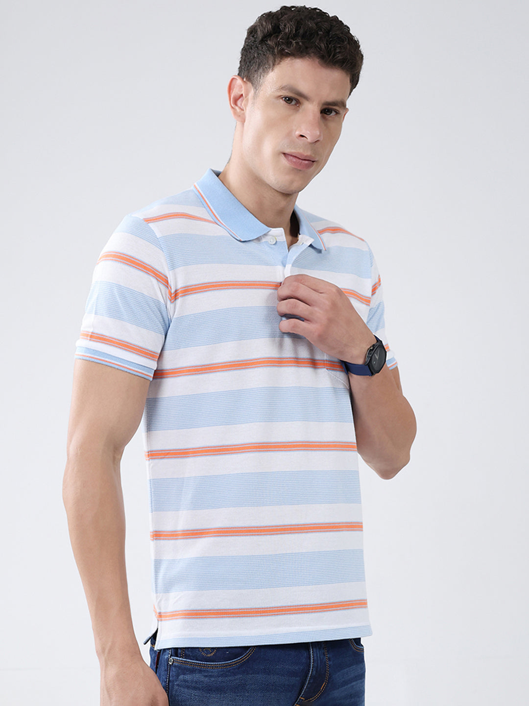 Men Blue Stripe Collar Half Sleeve T-Shirt