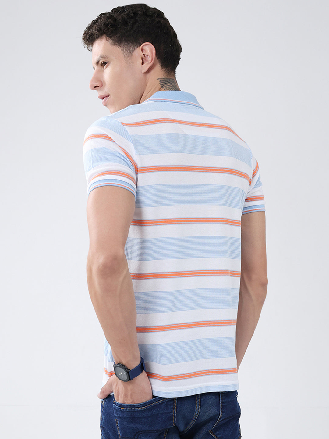 Men Blue Stripe Collar Half Sleeve T-Shirt
