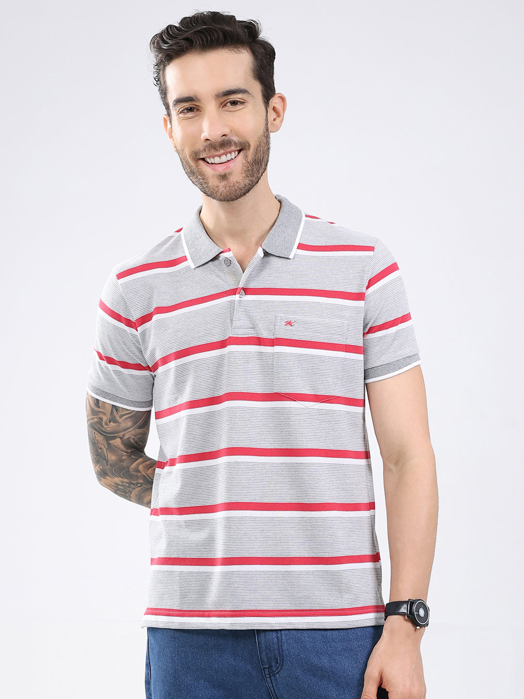Men Grey Stripe Collar Half Sleeve T-Shirt