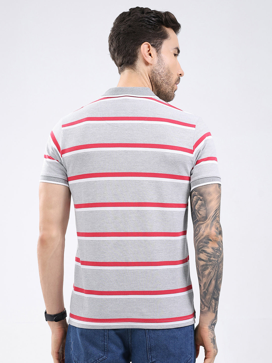 Men Grey Stripe Collar Half Sleeve T-Shirt
