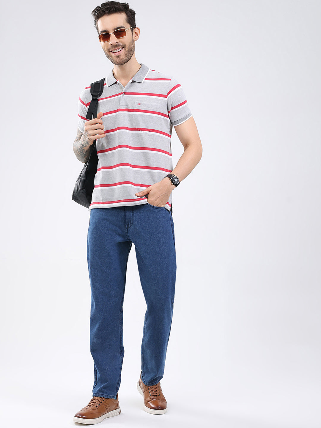 Men Grey Stripe Collar Half Sleeve T-Shirt