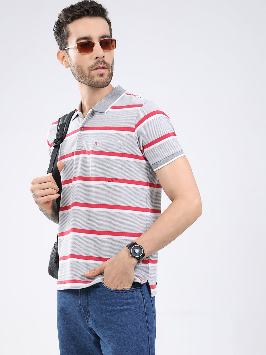 Men Grey Stripe Collar Half Sleeve T-Shirt