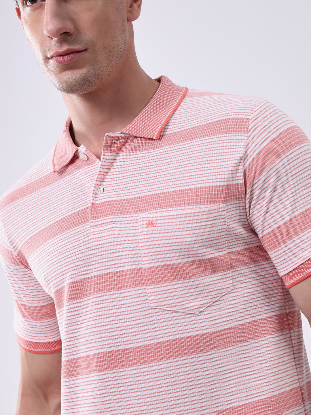Men Peach Stripe Collar Half Sleeve T-Shirt