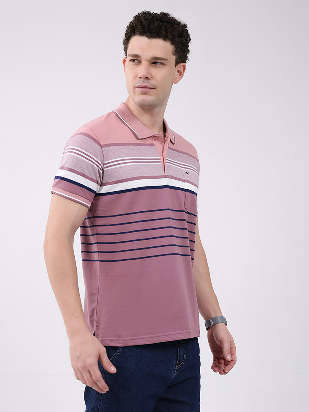 Men Pink Stripe Collar Half Sleeve T-Shirt