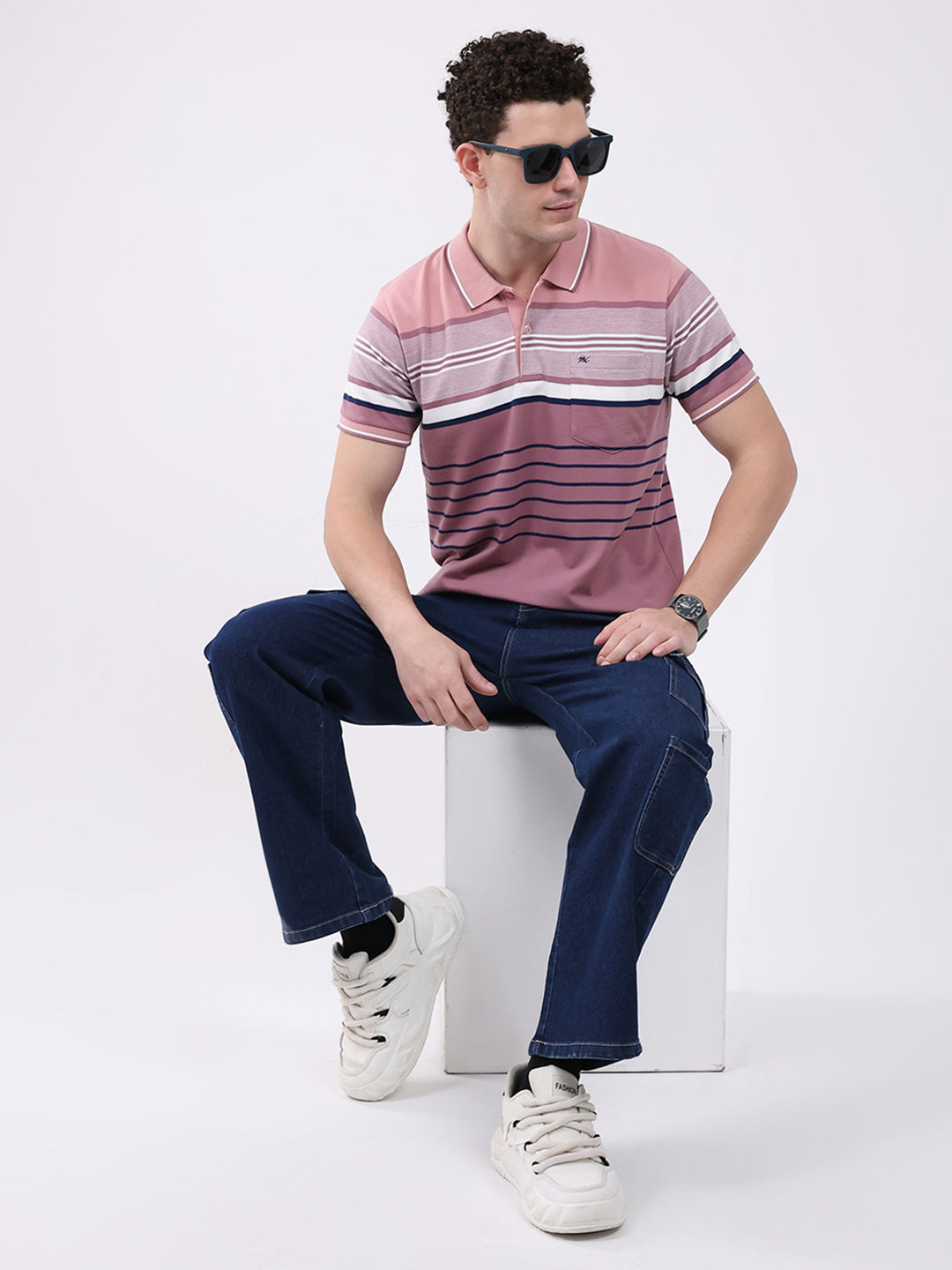 Men Pink Stripe Collar Half Sleeve T-Shirt