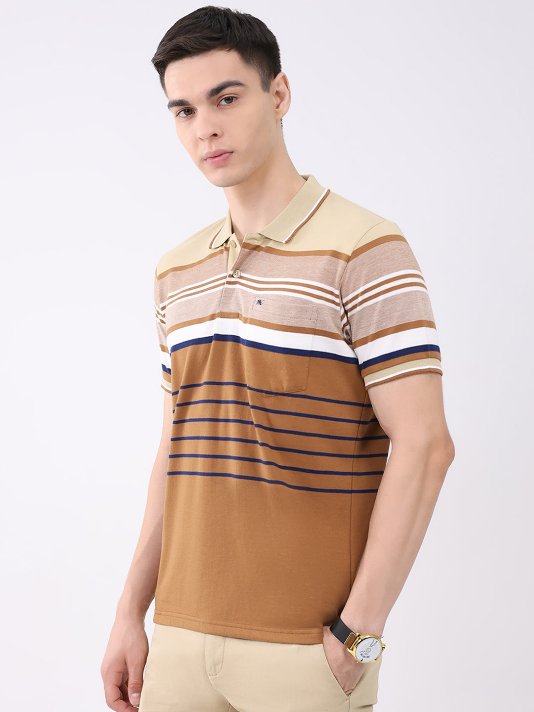 Men Beige Stripe Collar Half Sleeve T-Shirt