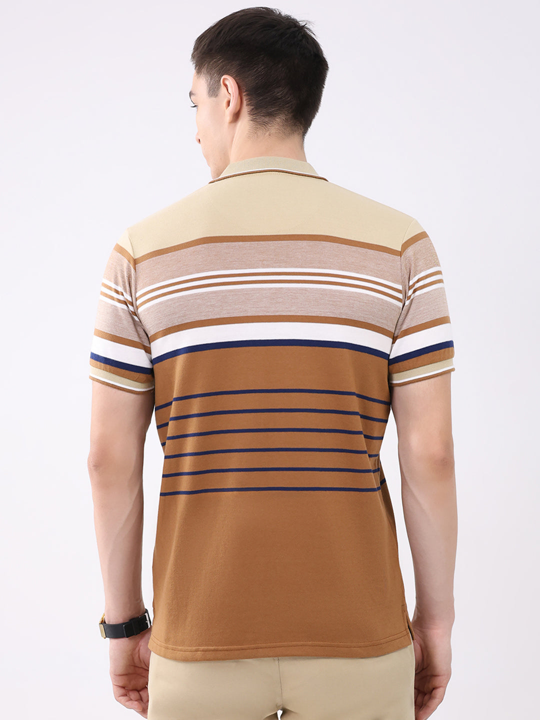 Men Beige Stripe Collar Half Sleeve T-Shirt