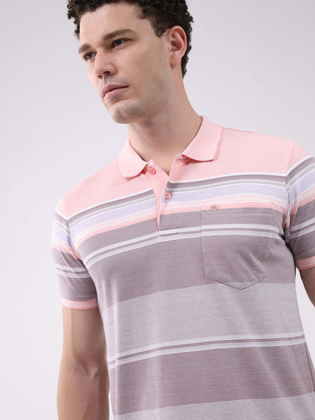 Men Pink Stripe Collar Half Sleeve T-Shirt