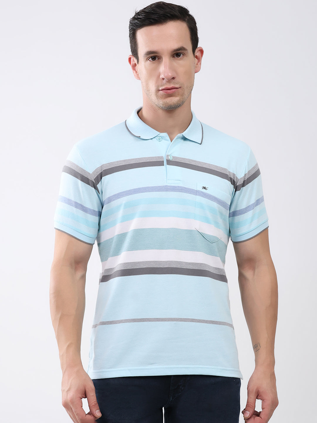 Men Sky Blue Stripe Collar Half Sleeve T-Shirt