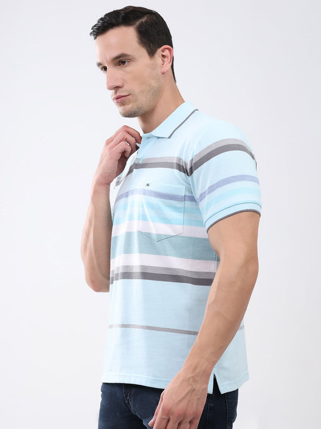 Men Sky Blue Stripe Collar Half Sleeve T-Shirt