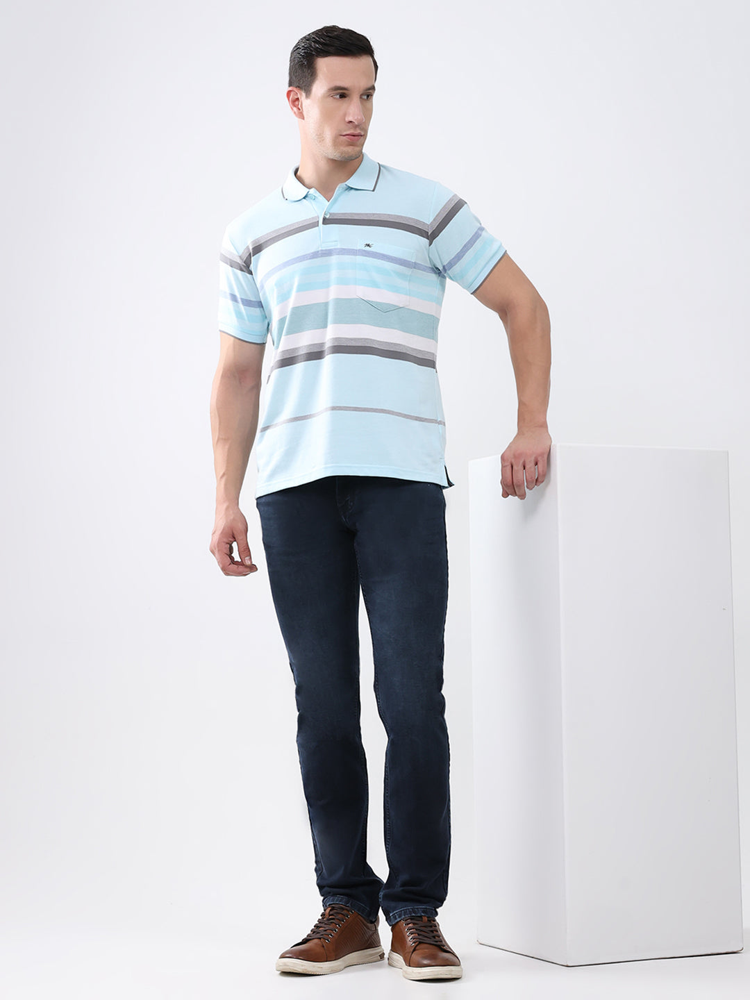 Men Sky Blue Stripe Collar Half Sleeve T-Shirt