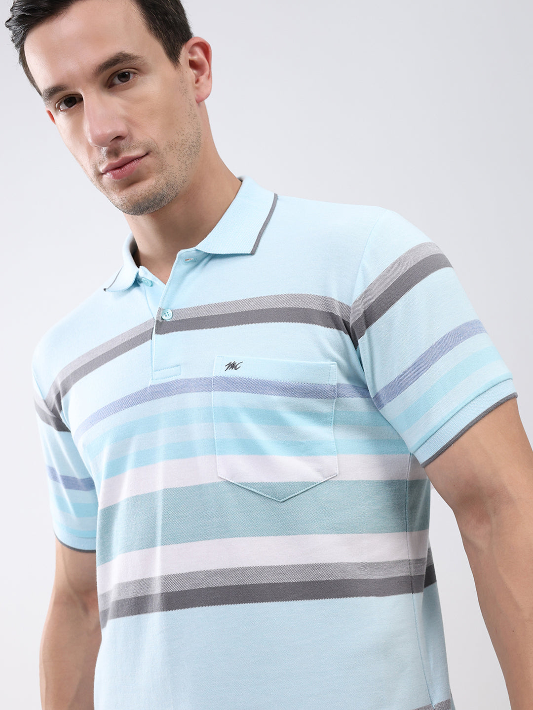 Men Sky Blue Stripe Collar Half Sleeve T-Shirt
