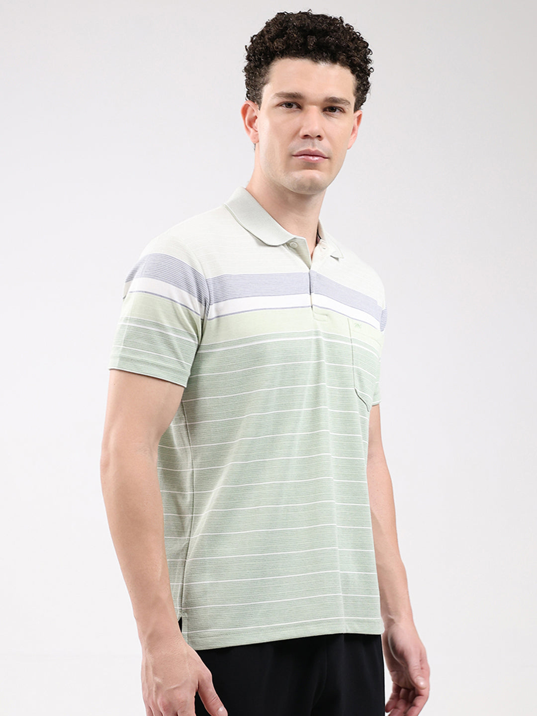 Men Green Stripe Collar Half Sleeve T-Shirt