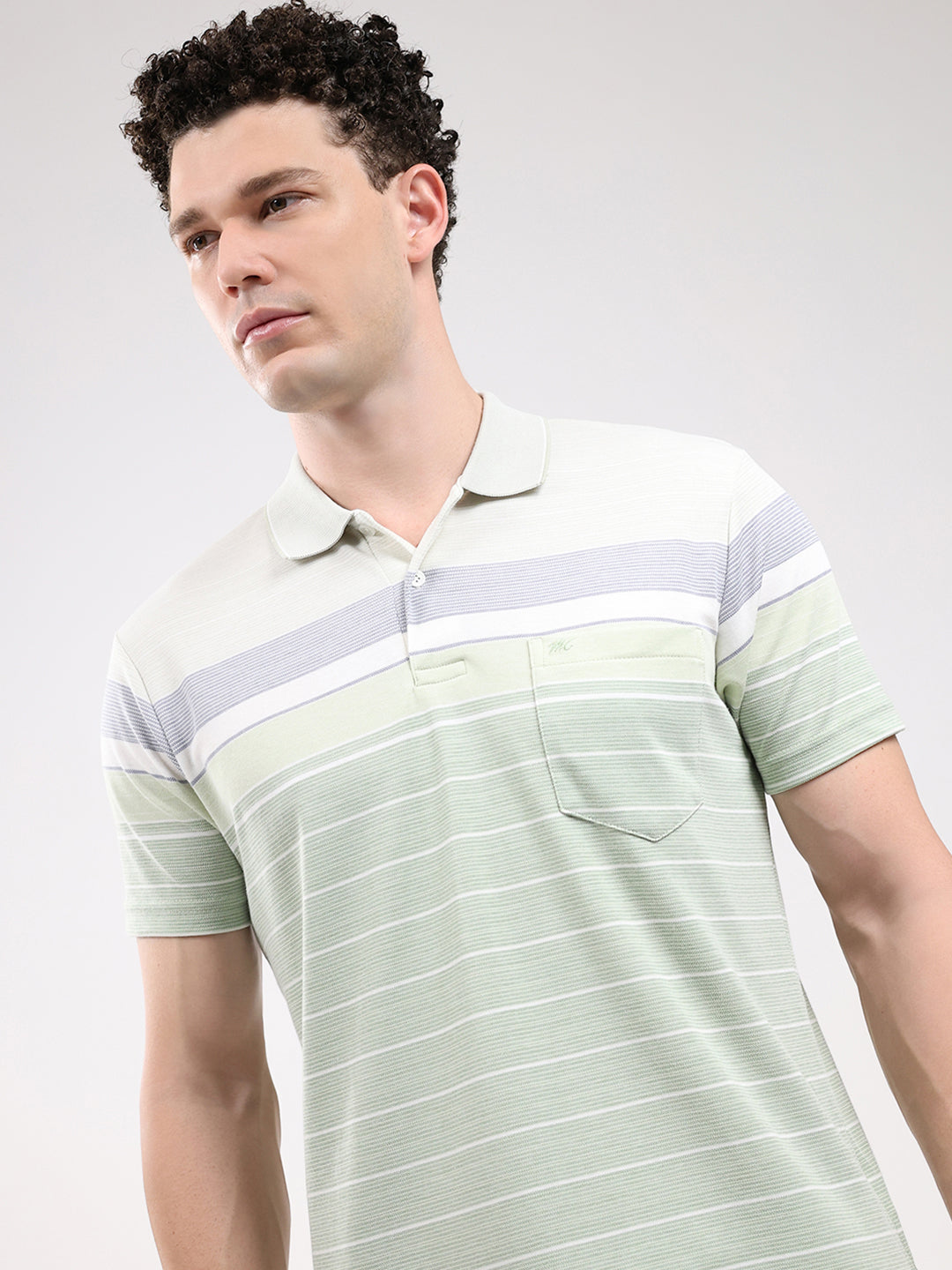 Men Green Stripe Collar Half Sleeve T-Shirt