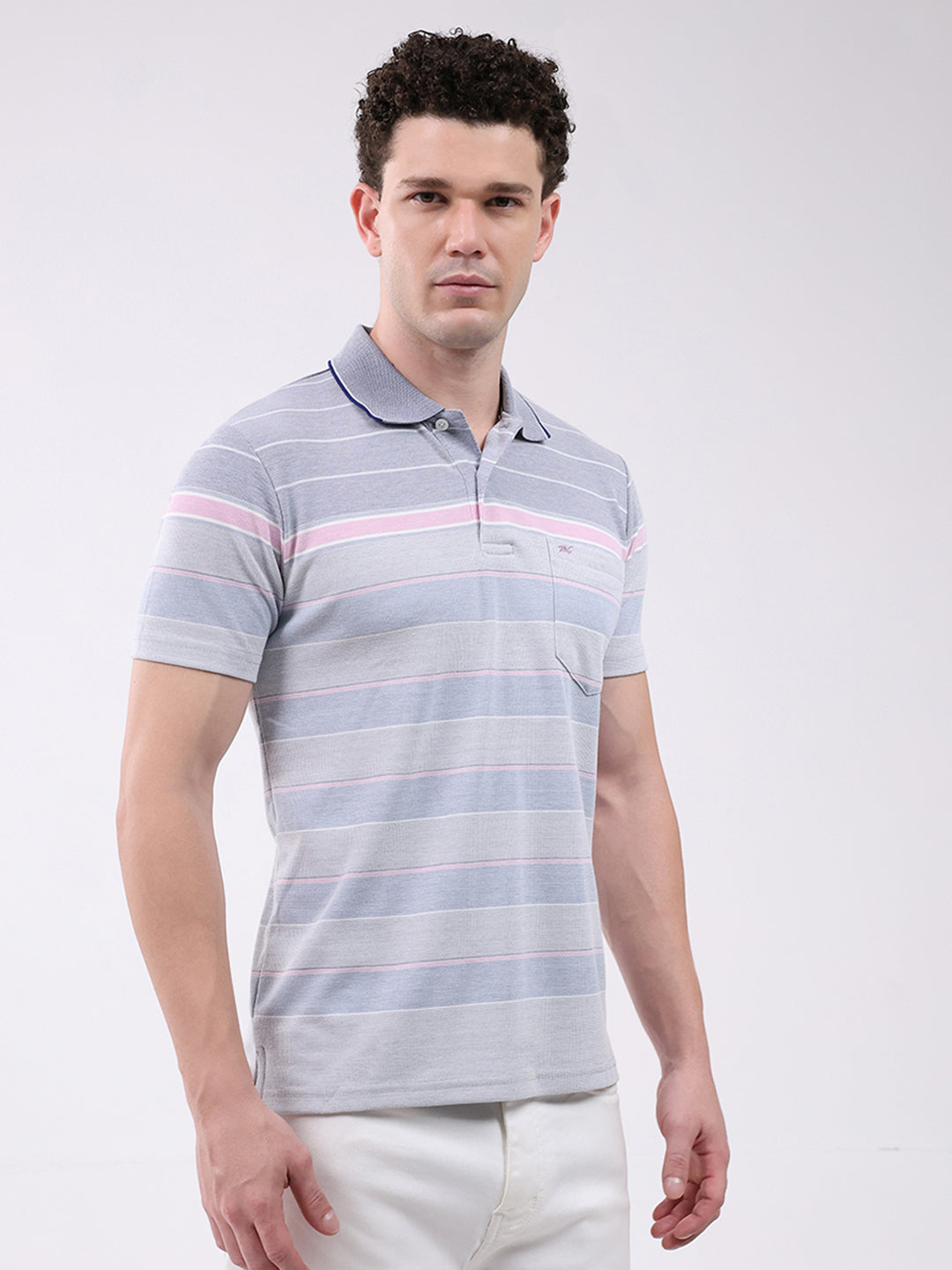 Men Blue Stripe Collar Half Sleeve T-Shirt